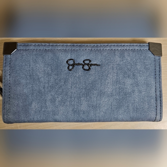 JESSICA SIMPSON DENIM BLUE GUNMETAL SILVER CREDIT CARD ID ZIP AROUND WALLET - Picture 13 of 16